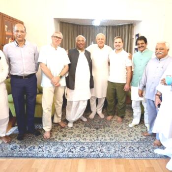 InPictures: Rahul Gandhi along with party chief Malik Arjun Khargee met Dr Farooq and Omar Abdullah at Gupkar residence in Srinagar