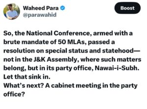 Waheed Para Criticises NC for Passing Special Status Resolution Outside Assembly