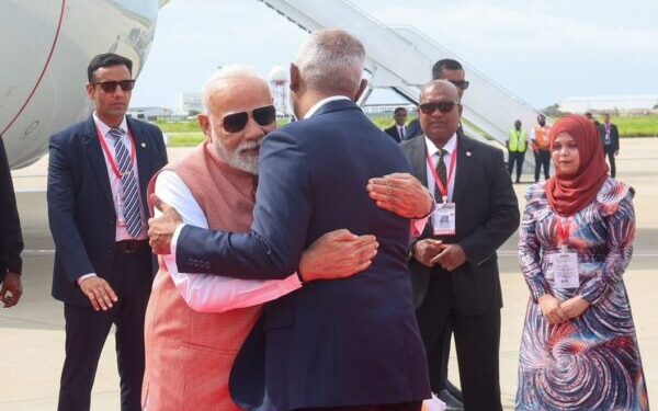 PM Modi Embraced By Maldives President Muizzu In Symbolic Welcome