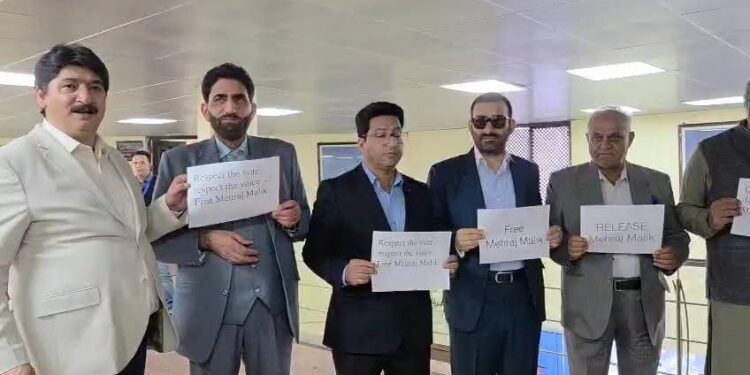 NC, Congress MLAs protest outside Assembly, seek Mehraj Malik’s release